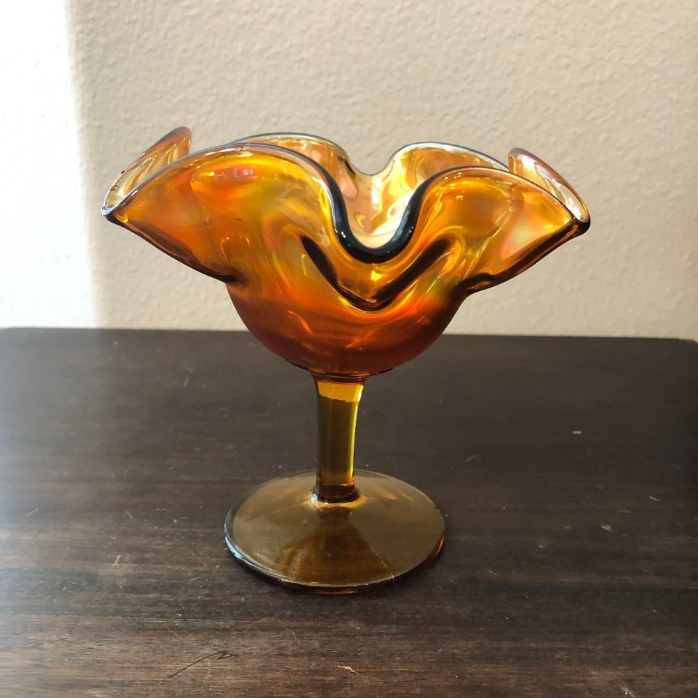 Vintage‎ Marigold Iridescent Carnival Glass Ruffled Pedestal Candy Dish Bowl MCM
